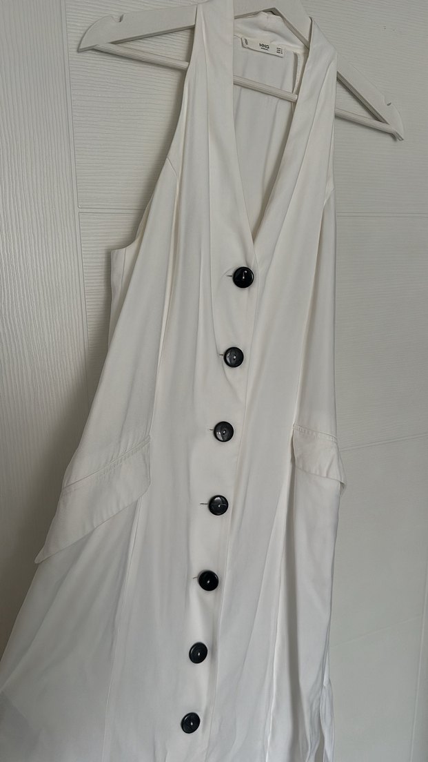 Düğmeli Beyaz Keten Uzun Elbise - Görsel 2