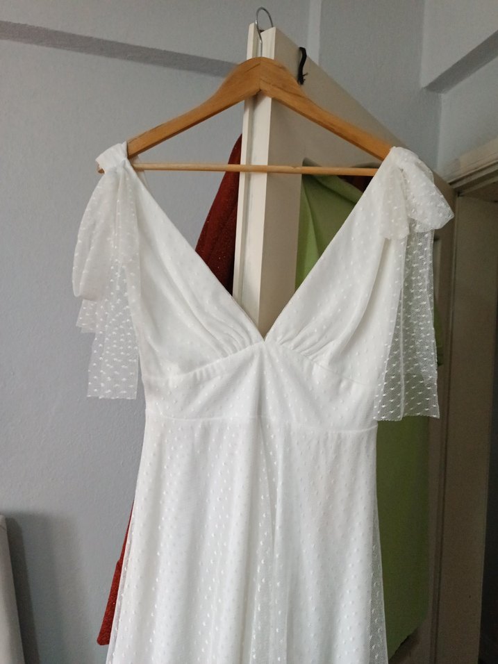 Beyaz V Yaka Midi Bohem Mini abiye S/ M uyumlu - Görsel 2