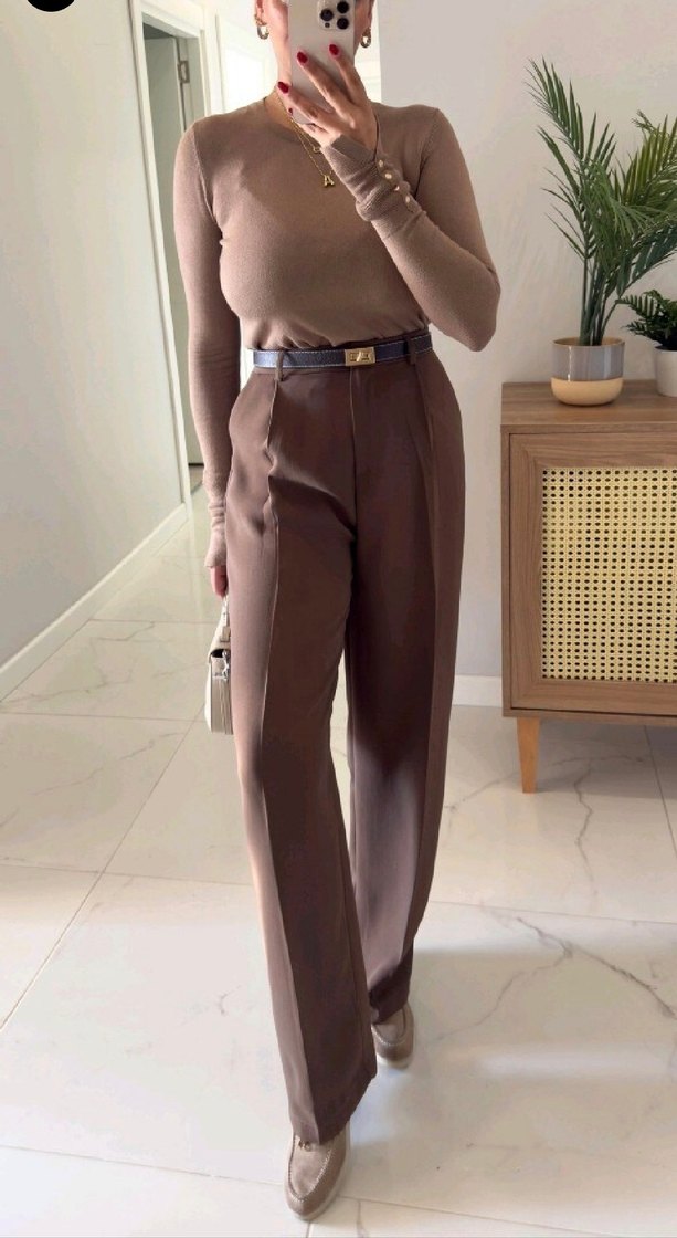 Kahverengi Palazzo Kadın Ofis Kumaş Pantolon - Görsel 2