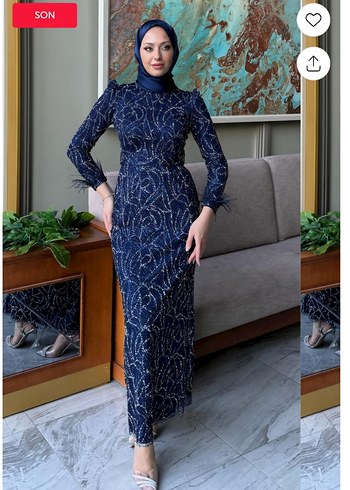Lacivert Yılan Desenli Drapeli Uzun Abiye Elbise - Görsel 2
