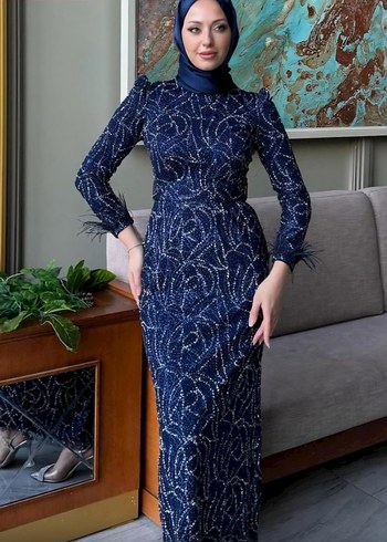 Lacivert Yılan Desenli Drapeli Uzun Abiye Elbise - Görsel 3