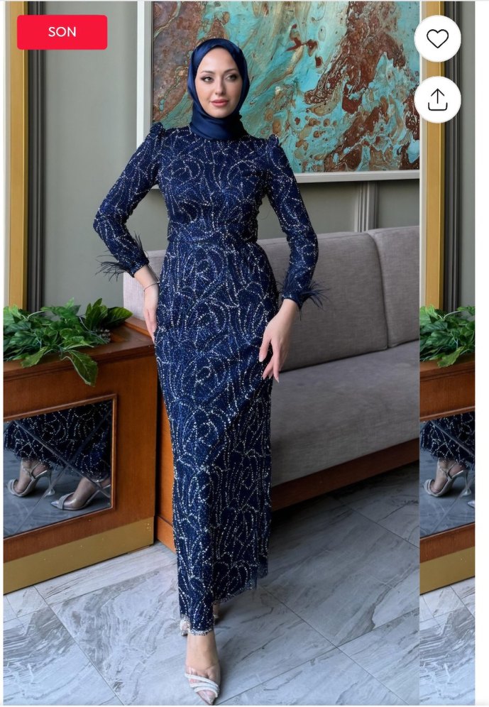 Lacivert Yılan Desenli Drapeli Uzun Abiye Elbise - Görsel 2