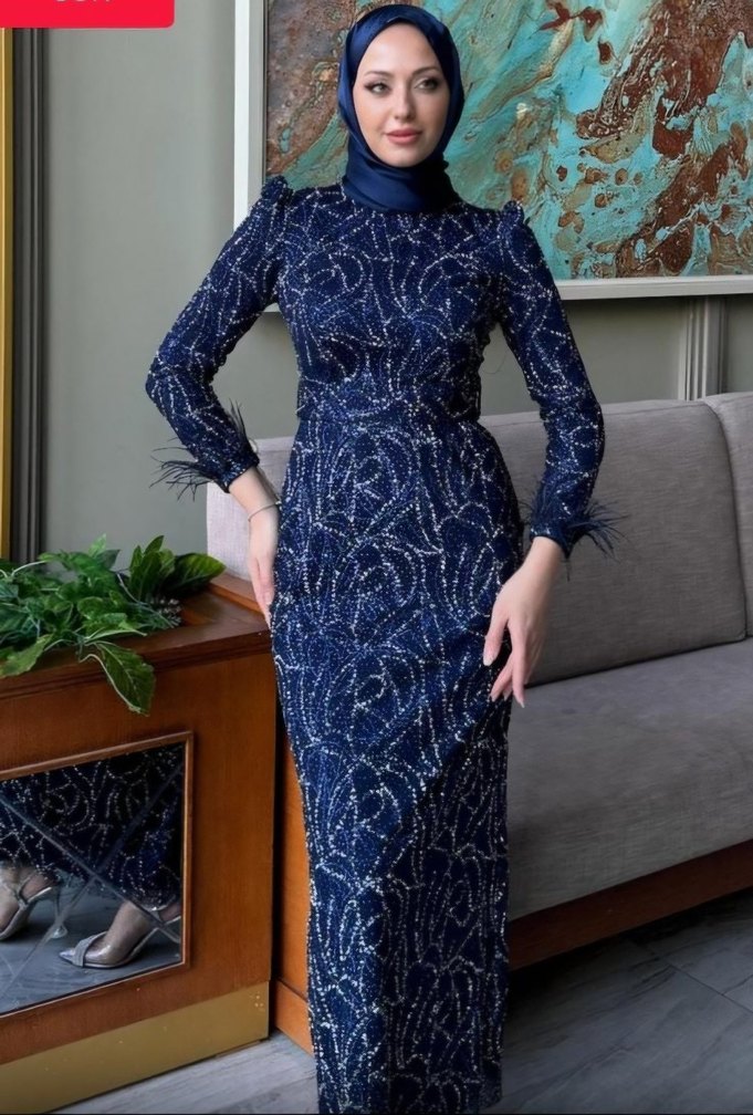 Lacivert Yılan Desenli Drapeli Uzun Abiye Elbise - Görsel 3