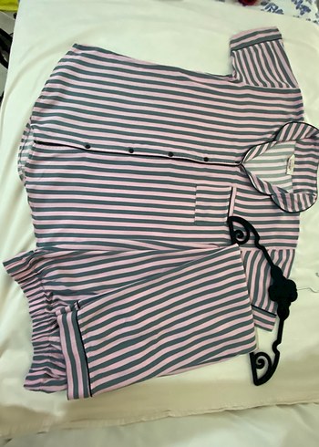 Pembe Çizgili Midi Kadın Pijama Üstü - Görsel 8