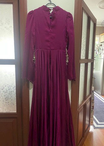 Bordo Nakışlı Uzun Kadın Bindallı Elbise - Görsel 5