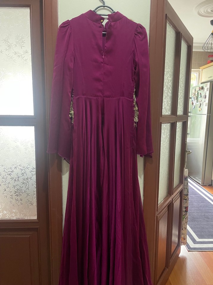 Bordo Nakışlı Uzun Kadın Bindallı Elbise - Görsel 5