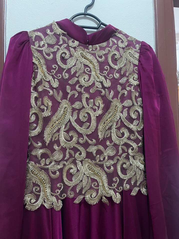 Bordo Nakışlı Uzun Kadın Bindallı Elbise - Görsel 2