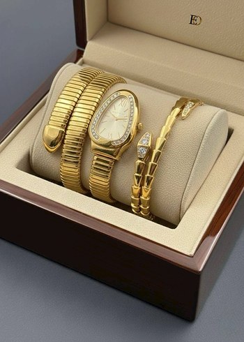Altın Renkli Klasik Kadın Saat Seti - Görsel 15