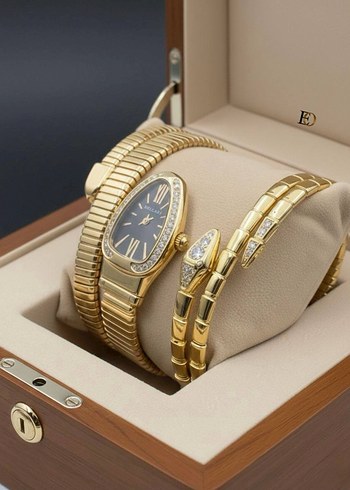 Altın Renkli Klasik Kadın Saat Seti - Görsel 12