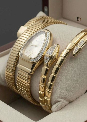 Altın Renkli Klasik Kadın Saat Seti - Görsel 14