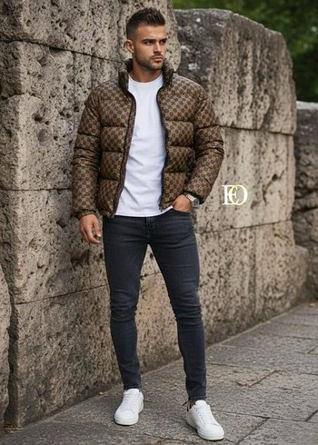 Kahverengi Desenli Puff Mont - Görsel 2