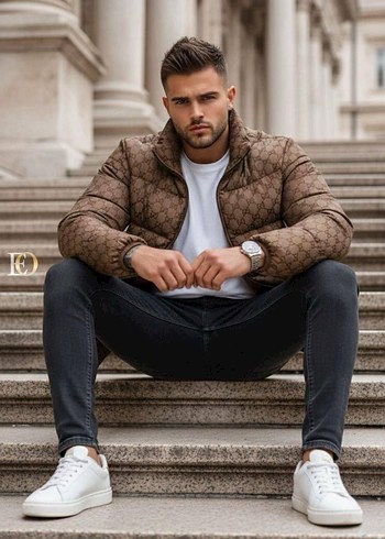 Kahverengi Desenli Puff Mont - Görsel 3