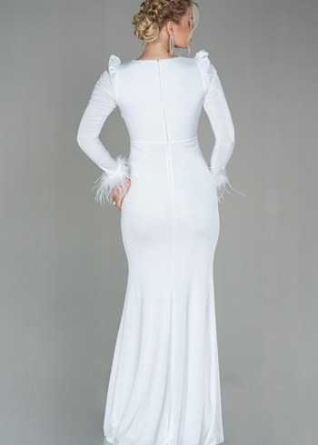 Uzun Kollu Beyaz Drapeli Abiye Elbise - Görsel 2