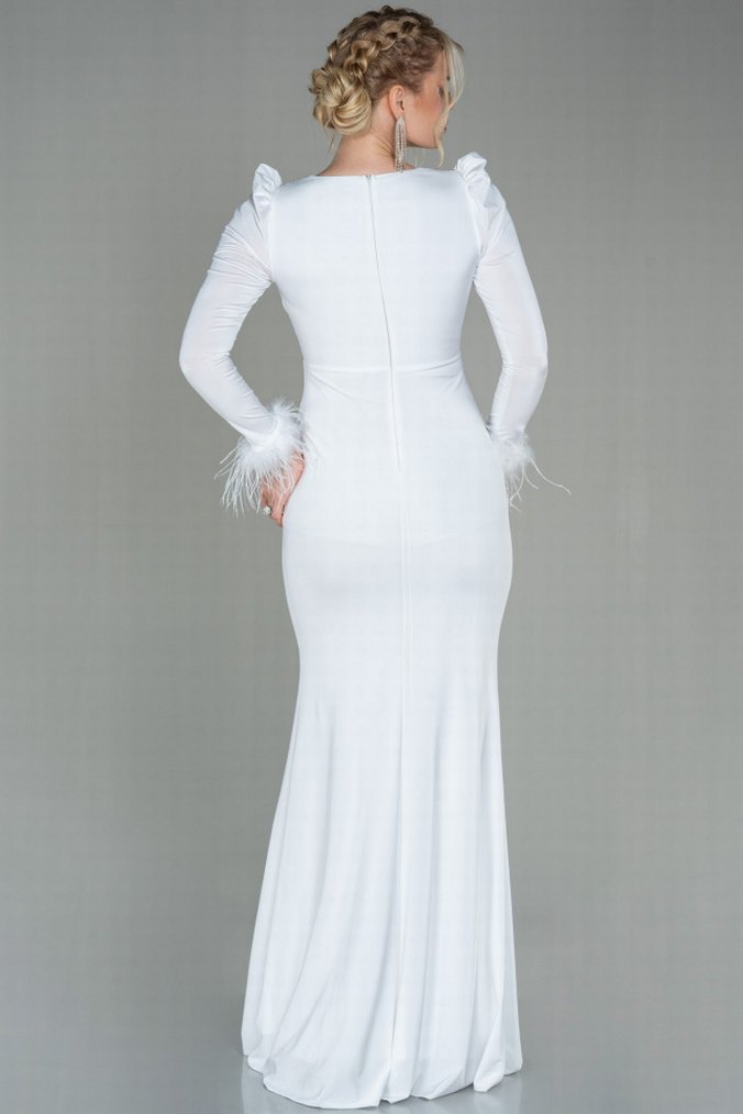 Uzun Kollu Beyaz Drapeli Abiye Elbise - Görsel 2