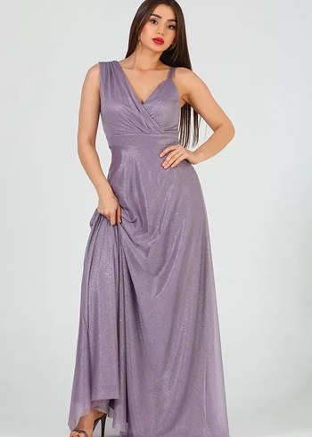 Parlak Mor V Yakalı Uzun Abiye Elbise - Görsel 2