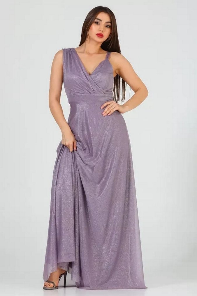 Parlak Mor V Yakalı Uzun Abiye Elbise - Görsel 2