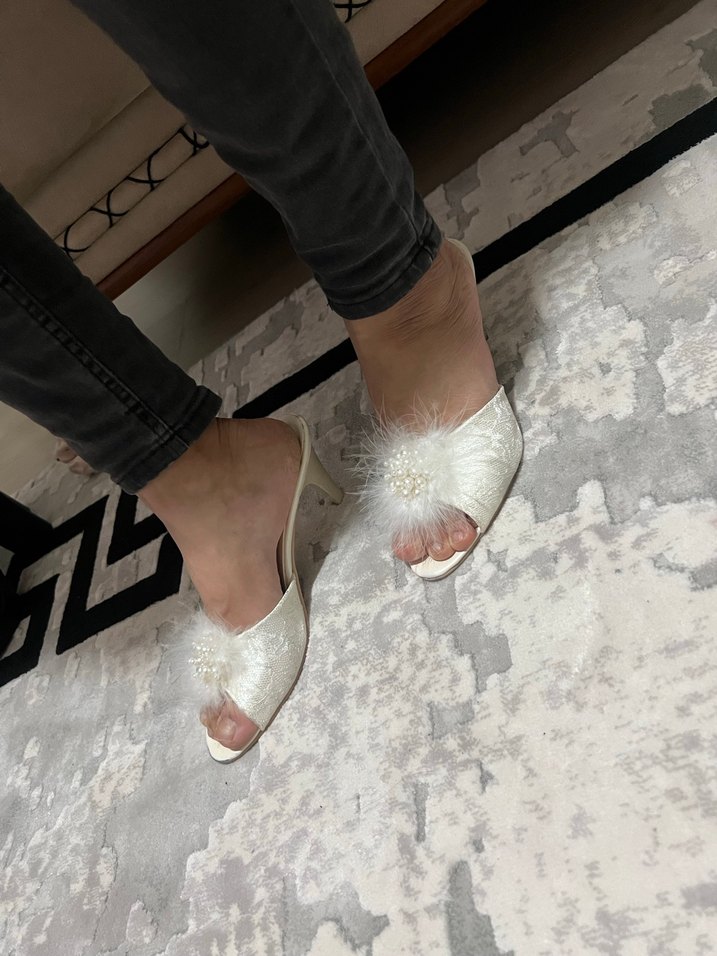Beyaz Dantel Detaylı Stiletto Kadın Topuklu gelin terliği - Görsel 4