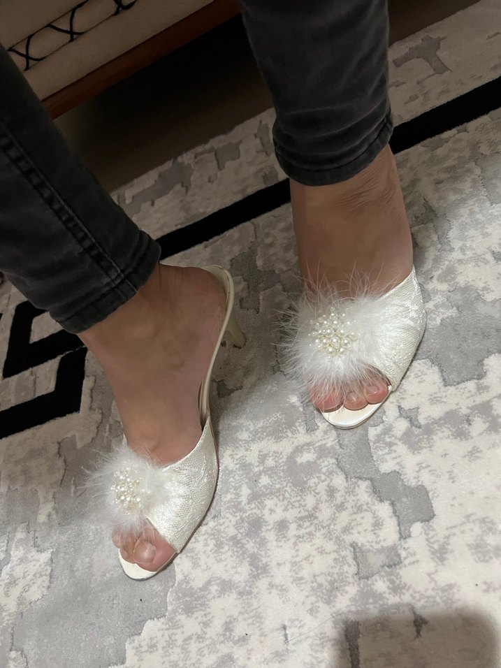 Beyaz Dantel Detaylı Stiletto Kadın Topuklu gelin terliği - Görsel 3