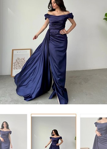 Navy Drapeli Kadın Uzun Abiye Elbise - Görsel 2