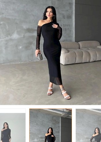 Siyah Drapeli Uzun Kadın tül Elbise - Görsel 2