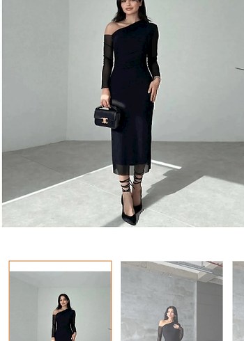 Siyah Drapeli Uzun Kadın tül Elbise - Görsel 3