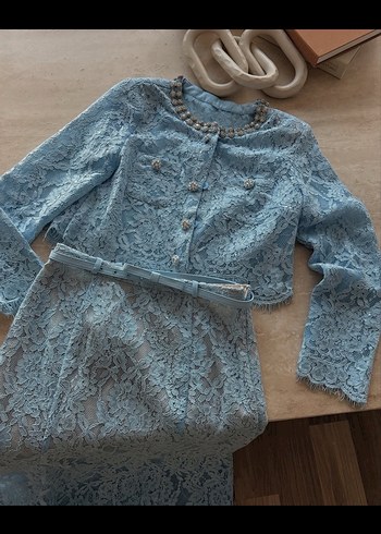 İthal Mavi Nakışlı Düğmeli Uzun Kadın Alt Üst Takım - Görsel 2