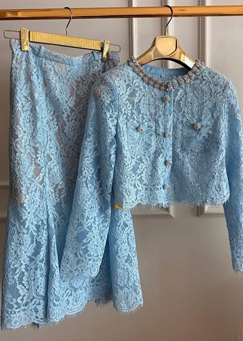 İthal Mavi Nakışlı Düğmeli Uzun Kadın Alt Üst Takım - Görsel 3