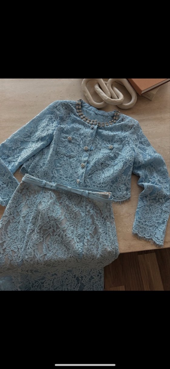 İthal Mavi Nakışlı Düğmeli Uzun Kadın Alt Üst Takım - Görsel 2