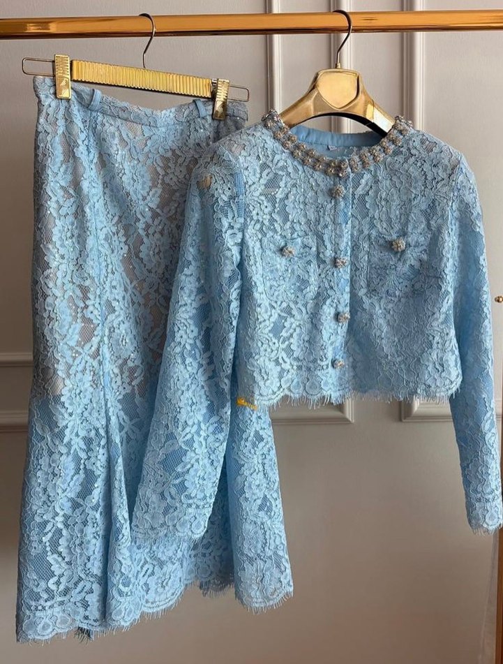 İthal Mavi Nakışlı Düğmeli Uzun Kadın Alt Üst Takım - Görsel 3