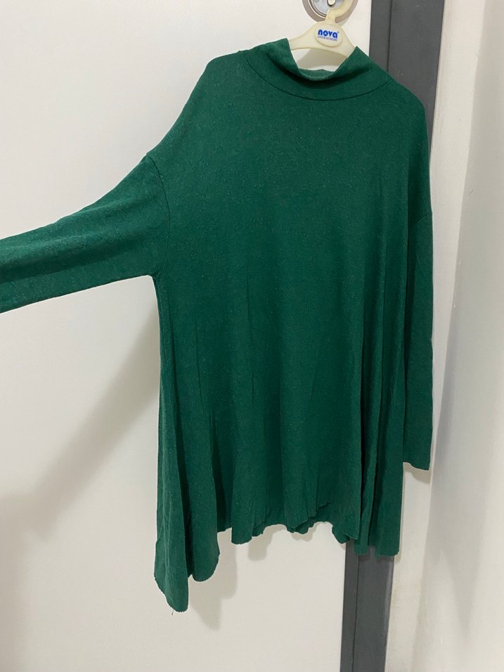 Kadın Yeşil Boğazlı Salaş Triko Kazak - Görsel 2