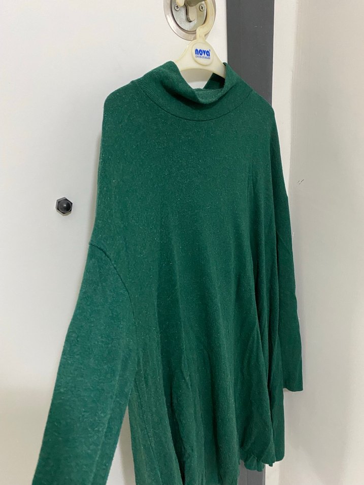 Kadın Yeşil Boğazlı Salaş Triko Kazak - Görsel 3