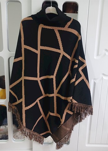 Bohem Örgü Kadın Panço, Balıkçı Yaka, Midi - Görsel 5