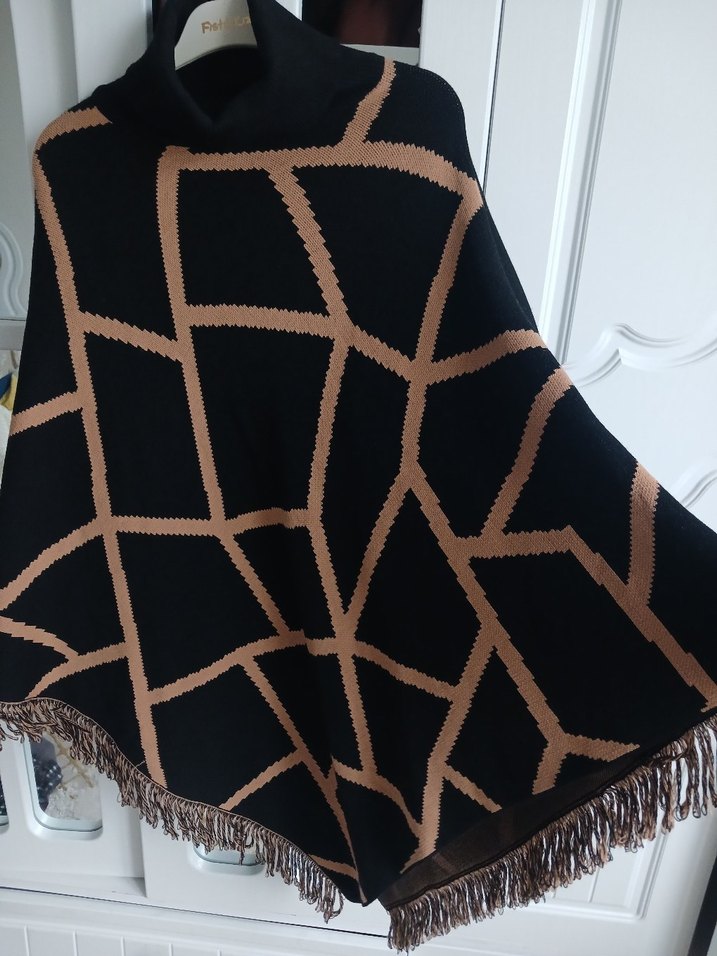 Bohem Örgü Kadın Panço, Balıkçı Yaka, Midi - Görsel 4