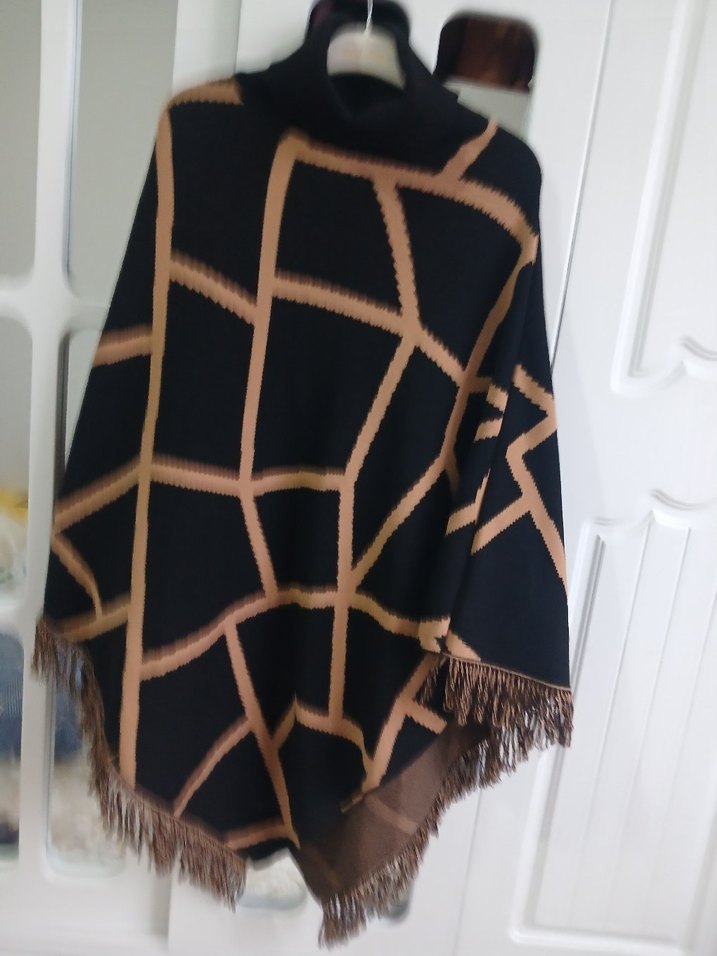 Bohem Örgü Kadın Panço, Balıkçı Yaka, Midi - Görsel 2