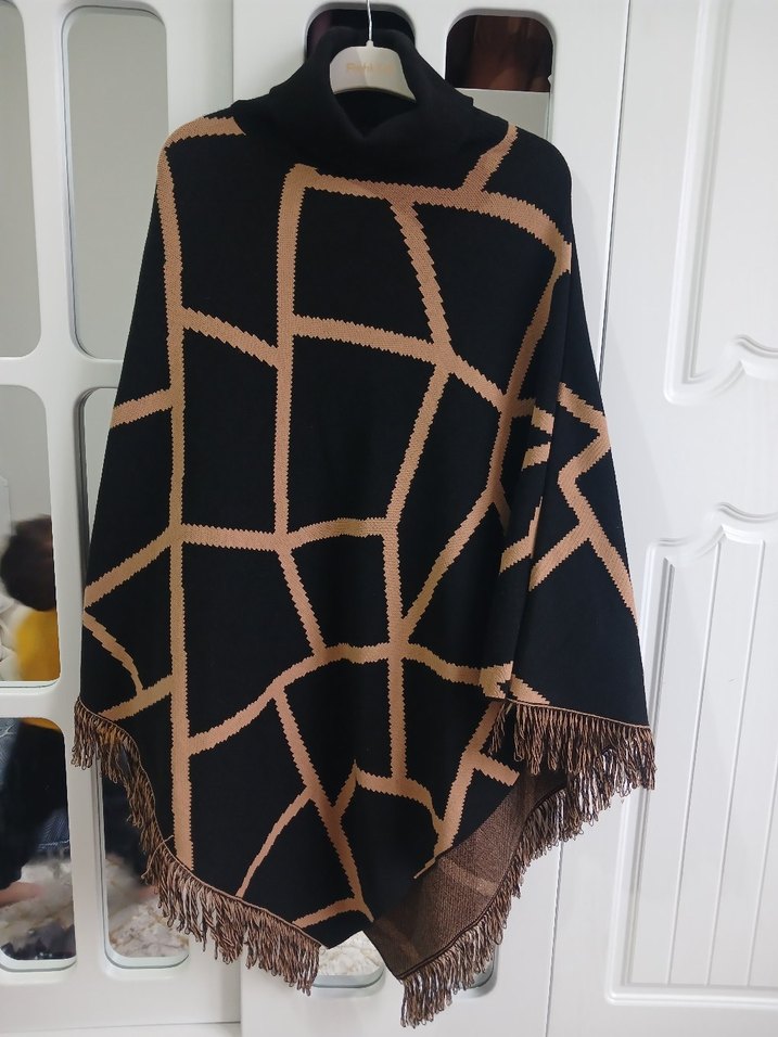 Bohem Örgü Kadın Panço, Balıkçı Yaka, Midi - Görsel 5