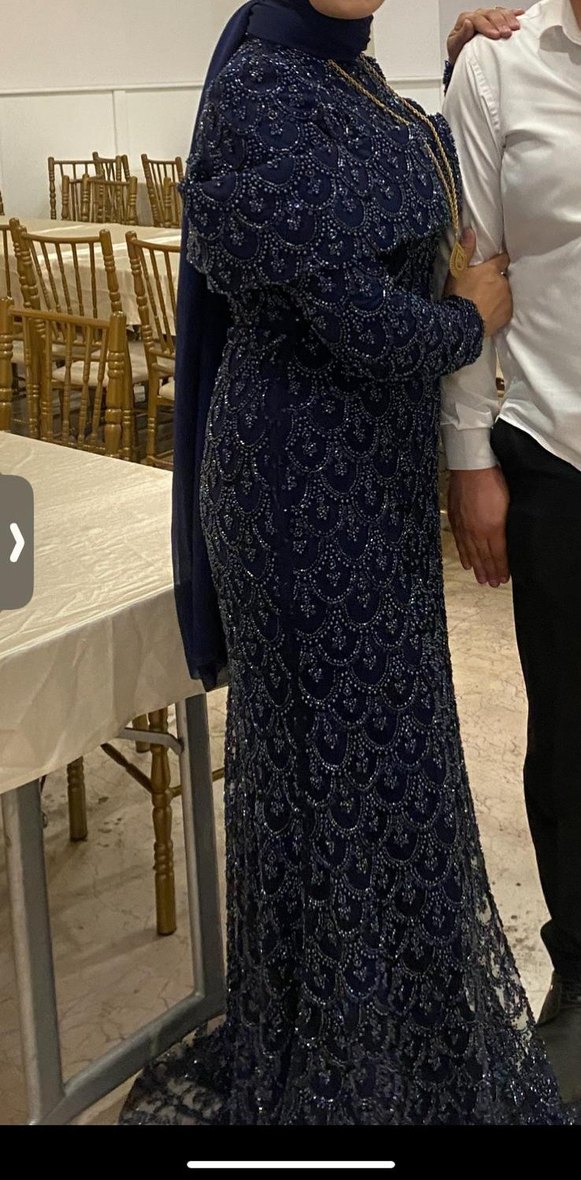 Boncuk İşlemeli Lacivert Uzun Abiye Elbise - Görsel 3