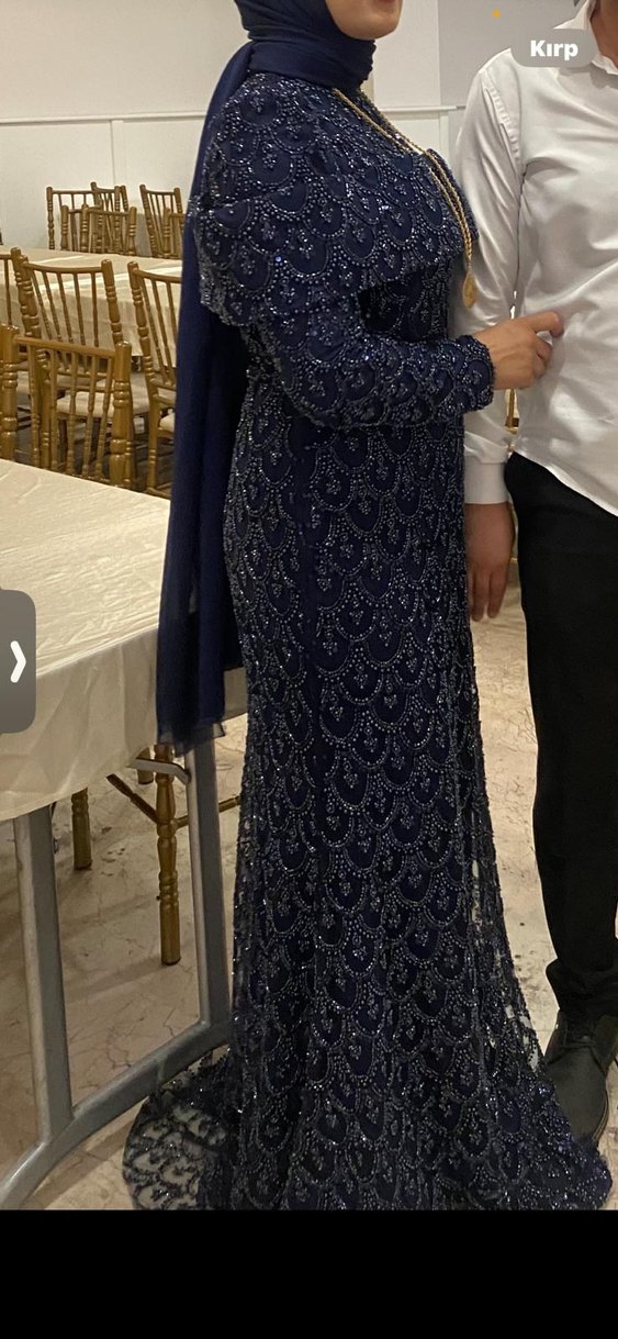 Boncuk İşlemeli Lacivert Uzun Abiye Elbise - Görsel 2