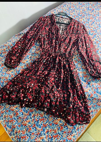 Renkli V Yakalı Uzun Kollu Bohem Elbise - Görsel 5