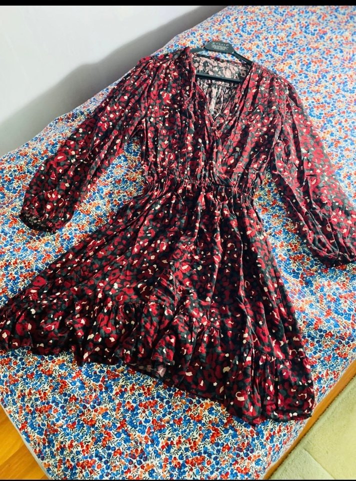 Renkli V Yakalı Uzun Kollu Bohem Elbise - Görsel 5