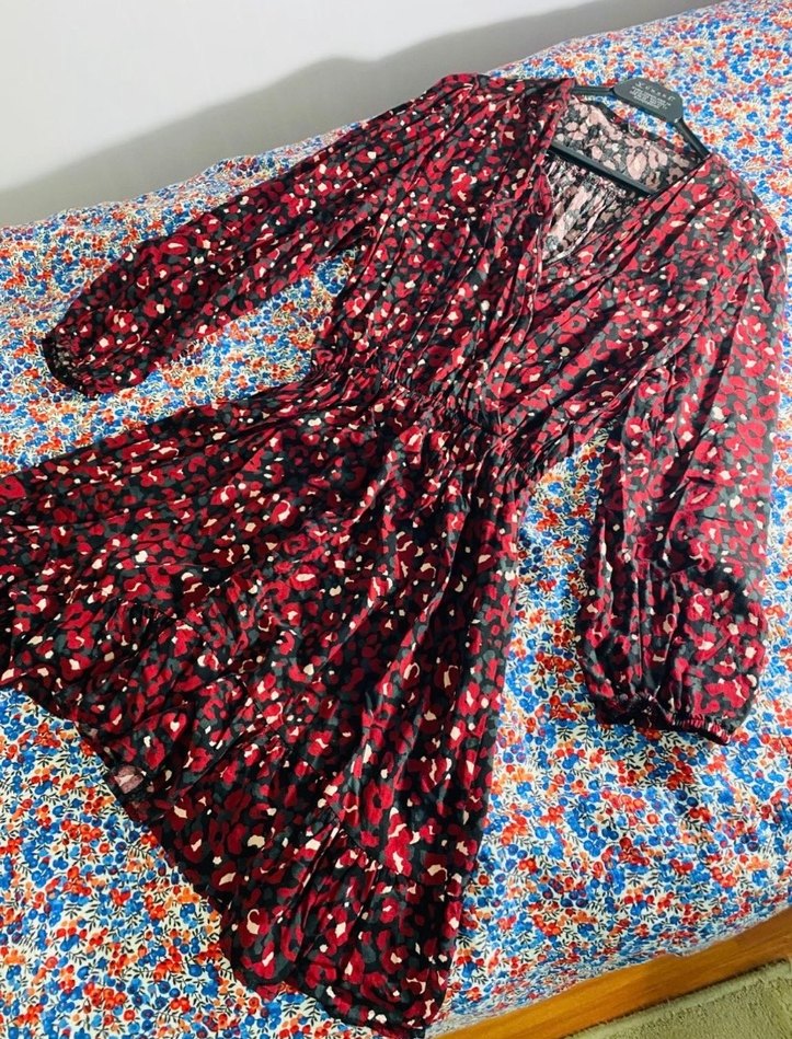 Renkli V Yakalı Uzun Kollu Bohem Elbise - Görsel 2