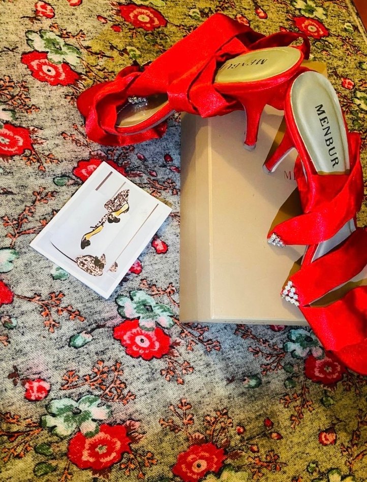 Kırmızı Saten Taşlı Topuklu Ayakkabı - Görsel 2