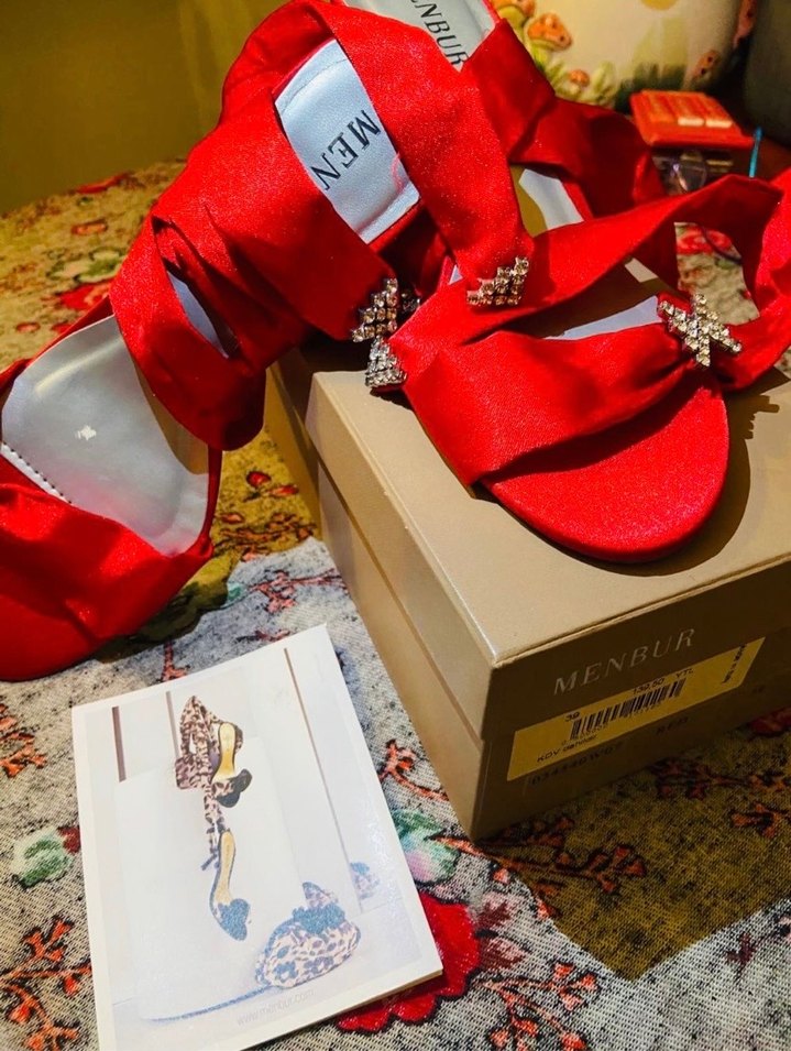 Kırmızı Saten Taşlı Topuklu Ayakkabı - Görsel 4