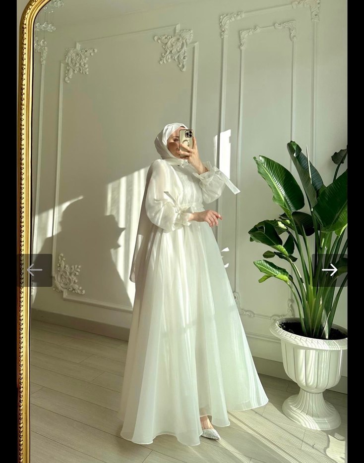 Beyaz Uzun Kollu Dökümlü Kadın Abiye/ nikah elbisesi - Görsel 2