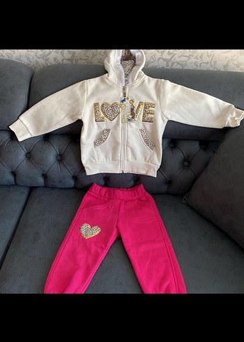 Kız Çocuk Beyaz Kapüşonlu Fermuarlı Sweatshirt Takımı - Görsel 3