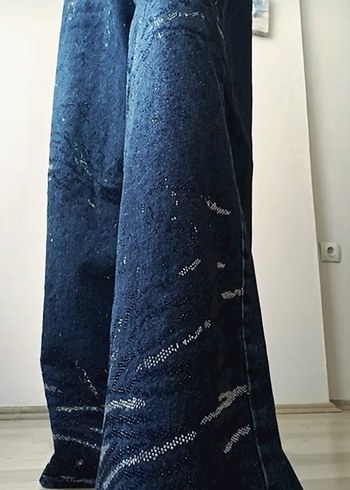 Kadın Lacivert Salaş Batik Desenli midi Kot Pantolon - Görsel 5