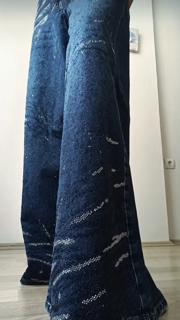 Kadın Lacivert Salaş Batik Desenli midi Kot Pantolon - Görsel 5