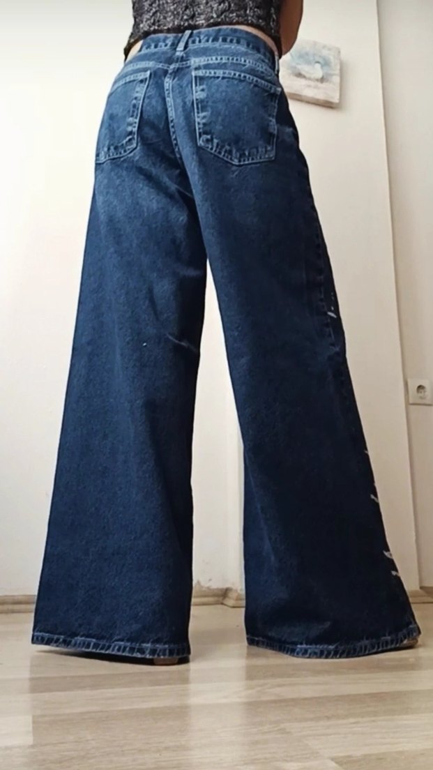 Kadın Lacivert Salaş Batik Desenli midi Kot Pantolon - Görsel 4