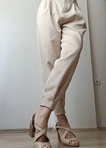 Bej Kadın Midi Kumaş Pantolon - Görsel 2