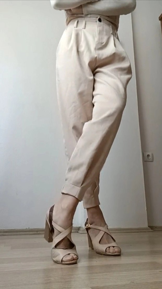 Bej Kadın Midi Kumaş Pantolon - Görsel 2