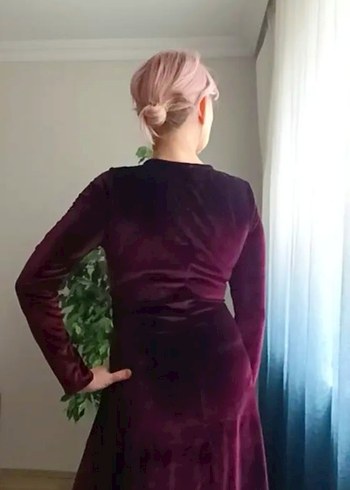 Bordo Bisiklet Yaka Uzun Kollu Kadife Gotik Elbise - Görsel 4